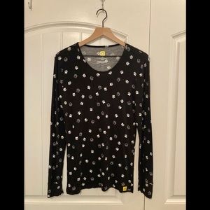 Women’s scoop neck black long sleeve T shirt with paw prints, size M